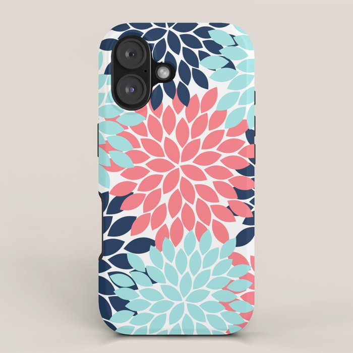 Navy Coral Aqua Floral Pattern Flower Burst Petals iPhone Case Gallery Image 1
