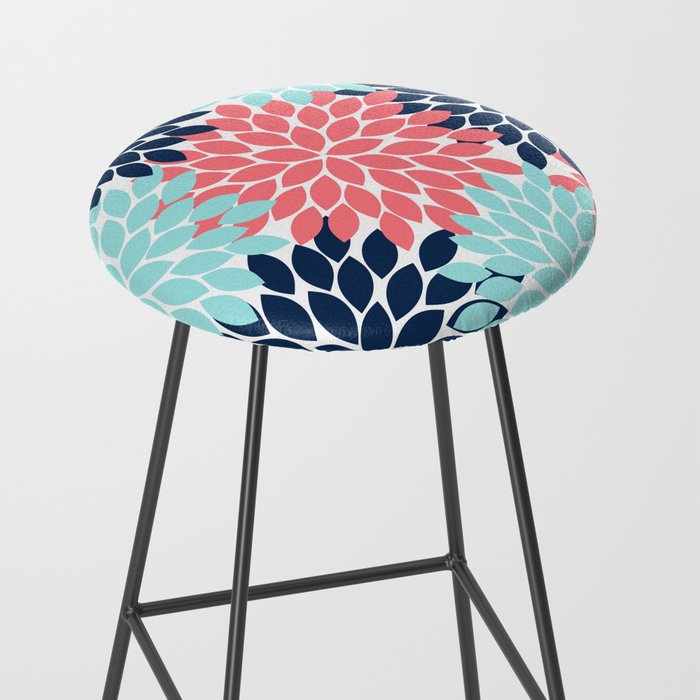 Navy Coral Aqua Floral Pattern Flower Burst Petals Stool Gallery Image 2