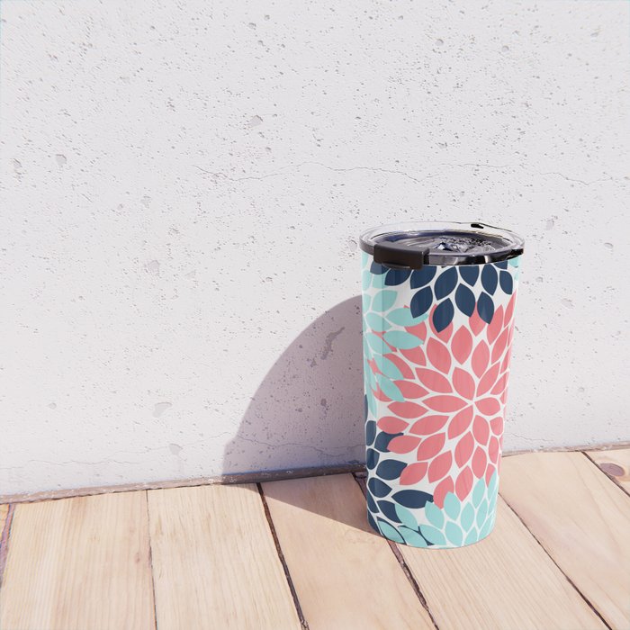 Navy Coral Aqua Floral Pattern Flower Burst Petals Travel Mug Gallery Image 4