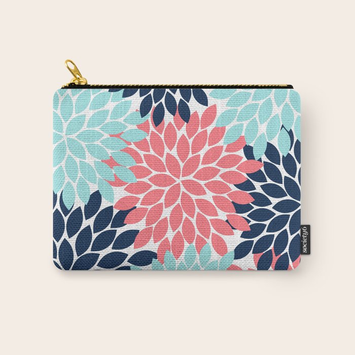 Navy Coral Aqua Floral Pattern Flower Burst Petals Carry All Pouch Gallery Image 1