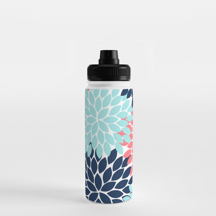 Navy Coral Aqua Floral Pattern Flower Burst Petals Water Bottle Gallery Image 3