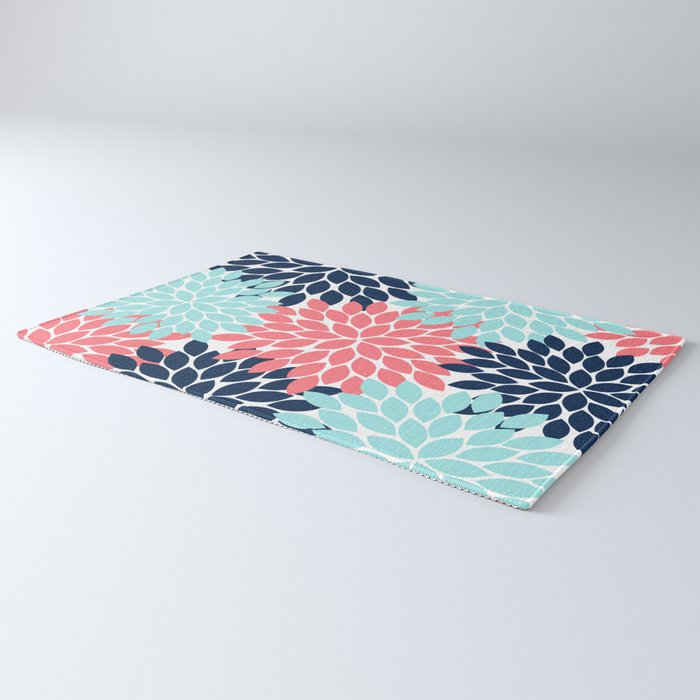 Navy Coral Aqua Floral Pattern Flower Burst Petals Rug Gallery Image 3