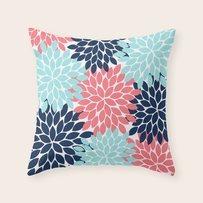 Navy Coral Aqua Floral Pattern Flower Burst Petals Throw Pillow Gallery Image 6