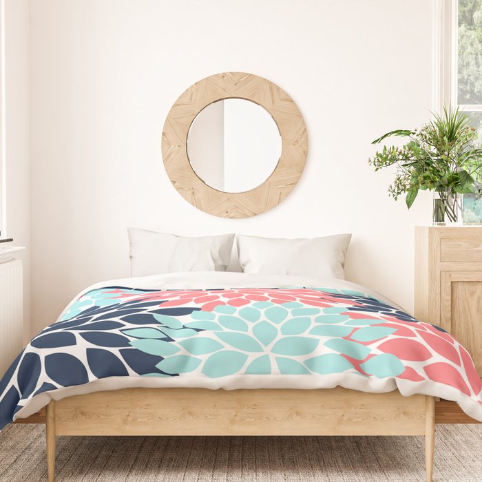 Navy Coral Aqua Floral Pattern Flower Burst Petals Duvet Cover Gallery Image 3