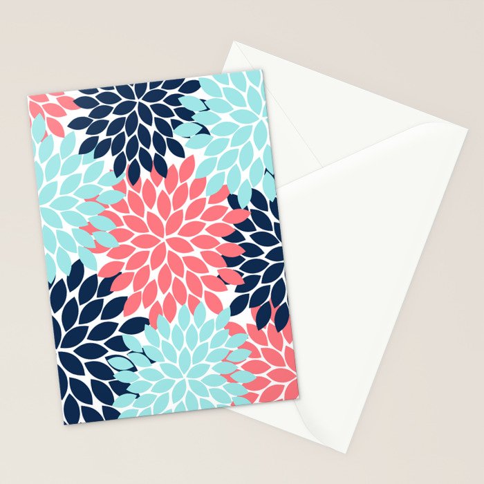 Navy Coral Aqua Floral Pattern Flower Burst Petals Stationery Card Gallery Image 2