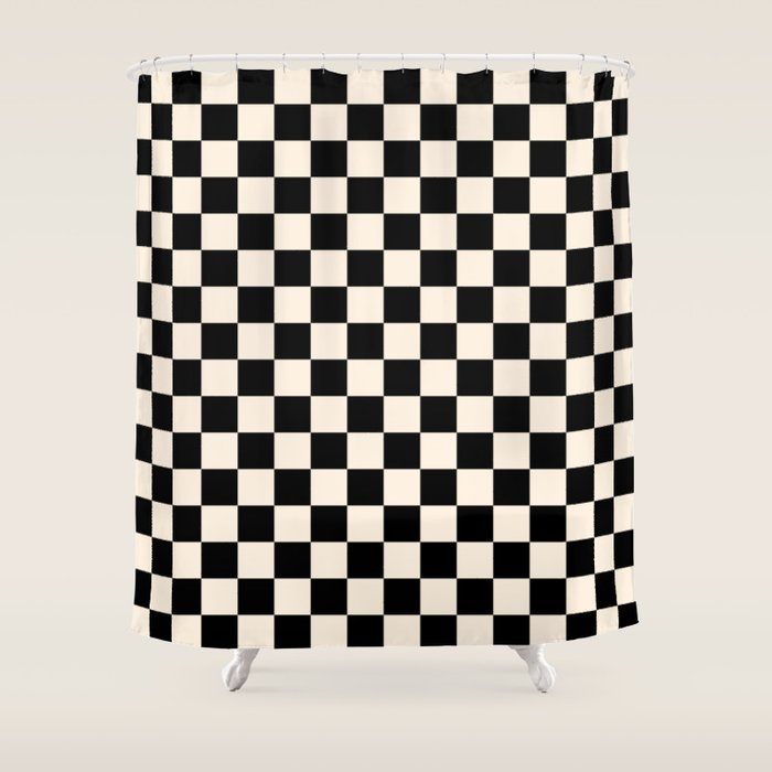 Checkerboard Mini Check Pattern in Black and Almond Cream Shower Curtain Gallery Image 1