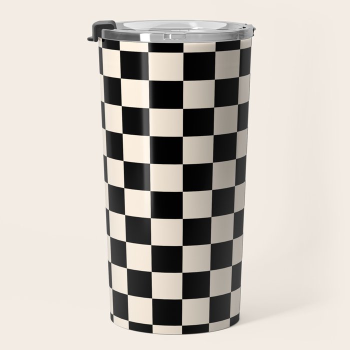 Checkerboard Mini Check Pattern in Black and Almond Cream Travel Mug Gallery Image 3