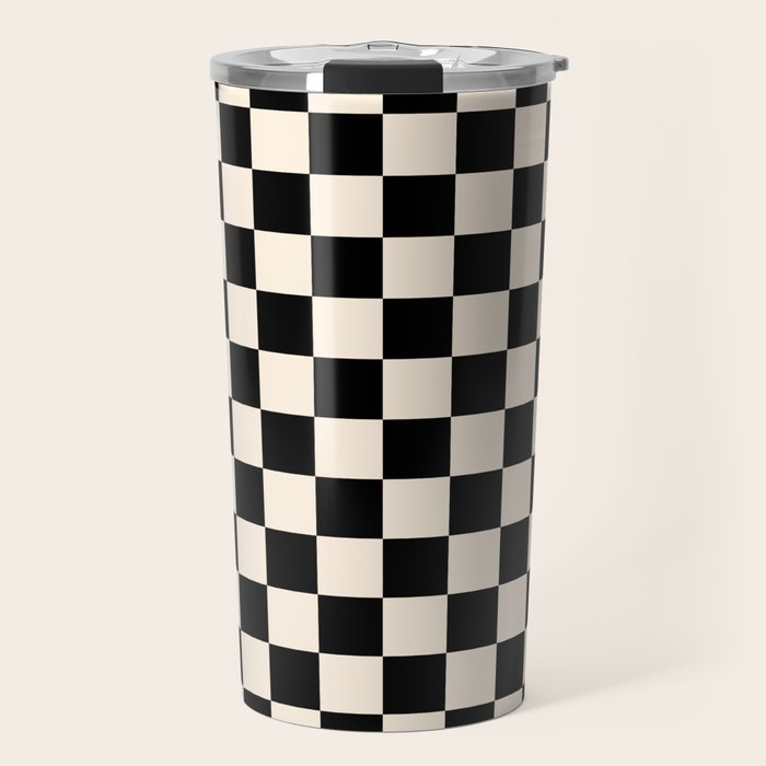 Checkerboard Mini Check Pattern in Black and Almond Cream Travel Mug Gallery Image 1