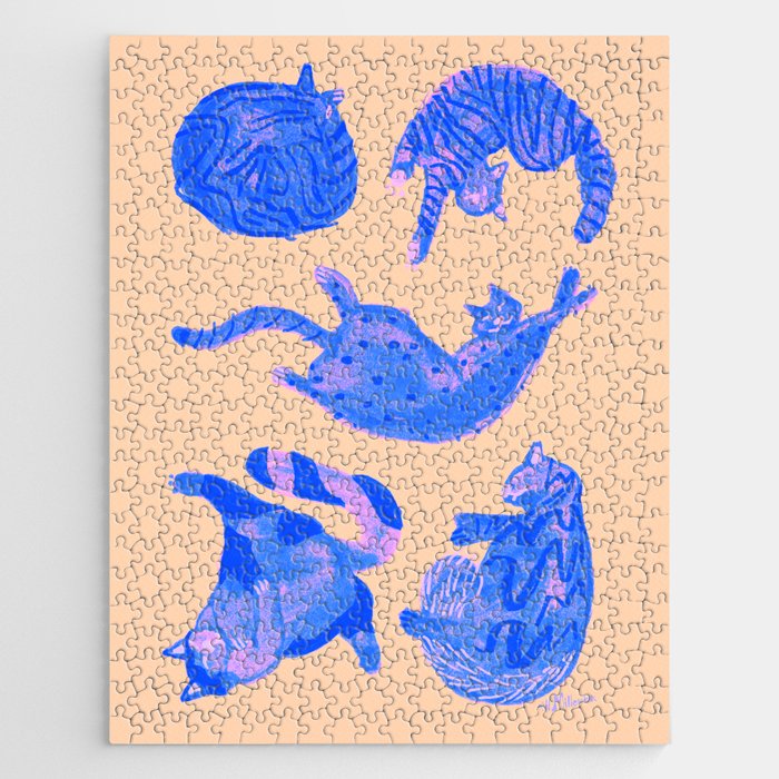 Sleepy Cozy Kitty Cats in Blue & Pink Jigsaw Puzzle Gallery Image 1