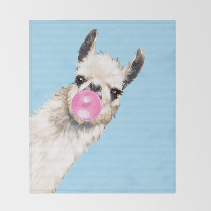 Bubble Gum Sneaky Llama in Blue Throw Blanket Gallery Image 2