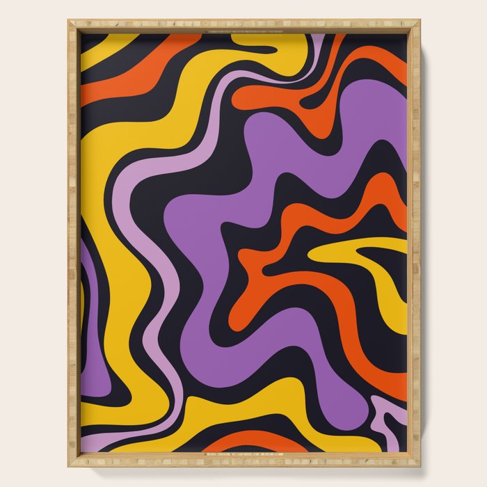Retro Liquid Swirl Abstract Pattern in Trippy Black Purple Orange Yellow Serving Tray Gallery Image 1