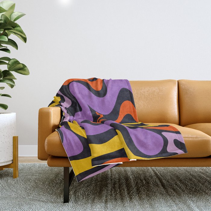 Retro Liquid Swirl Abstract Pattern in Trippy Black Purple Orange Yellow Throw Blanket Gallery Image 1