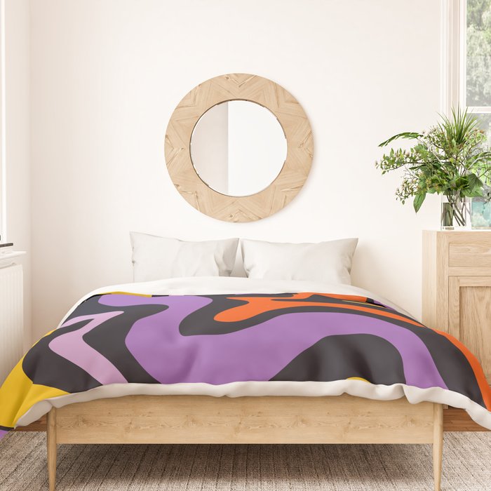Retro Liquid Swirl Abstract Pattern in Trippy Black Purple Orange Yellow Duvet Cover Gallery Image 3