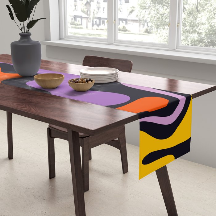 Retro Liquid Swirl Abstract Pattern in Trippy Black Purple Orange Yellow Table Runner Gallery Image 2