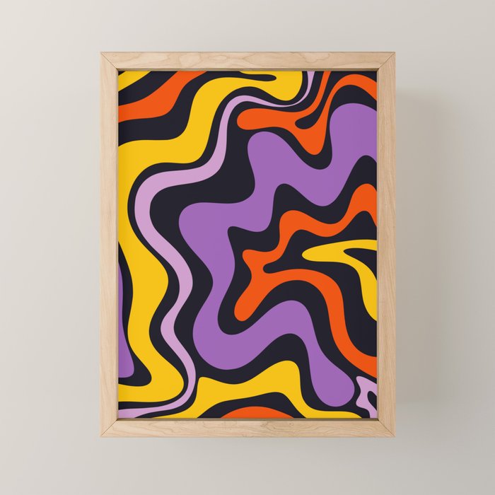 Retro Liquid Swirl Abstract Pattern in Trippy Black Purple Orange Yellow Mini Art Print Gallery Image 1