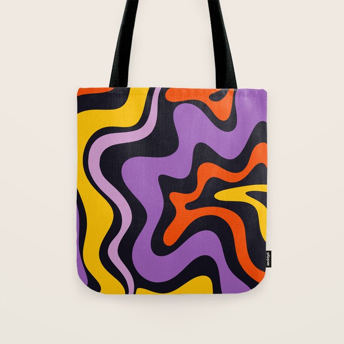 Retro Liquid Swirl Abstract Pattern in Trippy Black Purple Orange Yellow Tote Bag Gallery Image 1