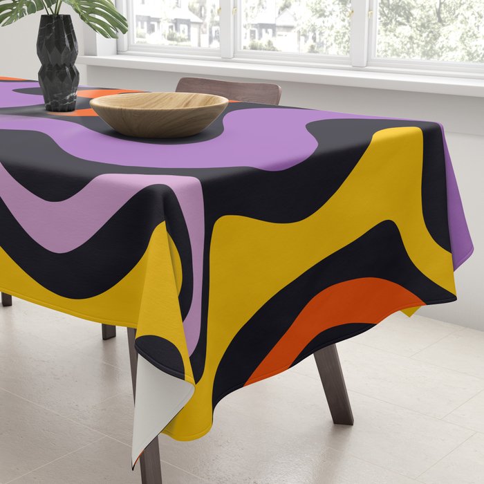 Retro Liquid Swirl Abstract Pattern in Trippy Black Purple Orange Yellow Tablecloth Gallery Image 3