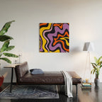 Retro Liquid Swirl Abstract Pattern in Trippy Black Purple Orange Yellow Wood Wall Art Gallery Image 2