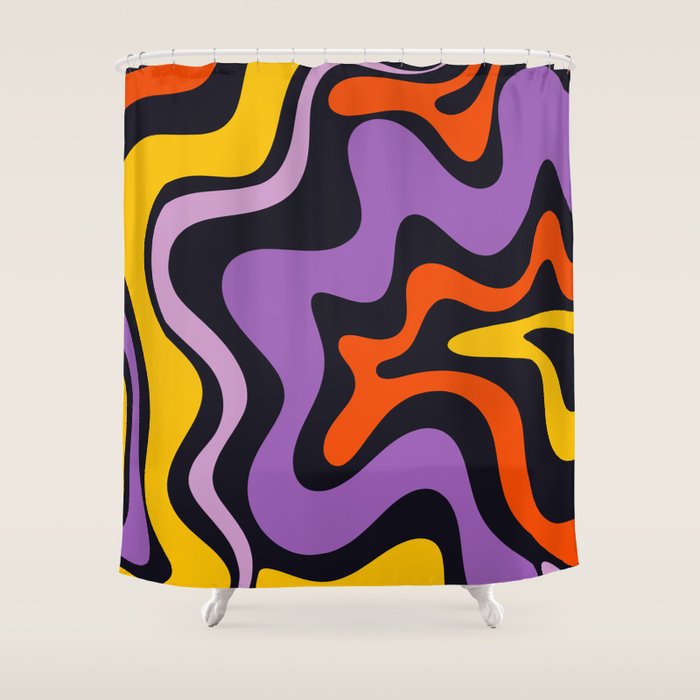 Retro Liquid Swirl Abstract Pattern in Trippy Black Purple Orange Yellow Shower Curtain Gallery Image 1