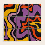 Retro Liquid Swirl Abstract Pattern in Trippy Black Purple Orange Yellow Wood Wall Art Gallery Image 1