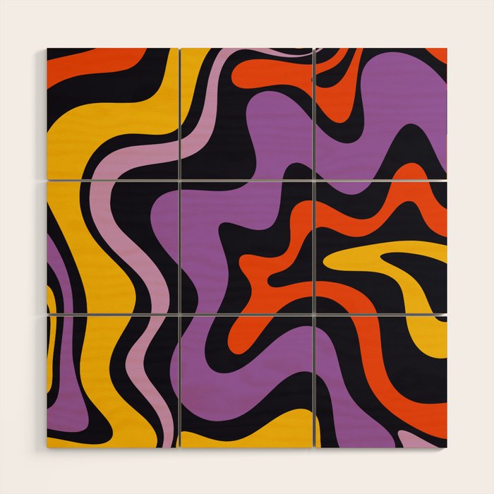 Retro Liquid Swirl Abstract Pattern in Trippy Black Purple Orange Yellow Wood Wall Art Gallery Image 1