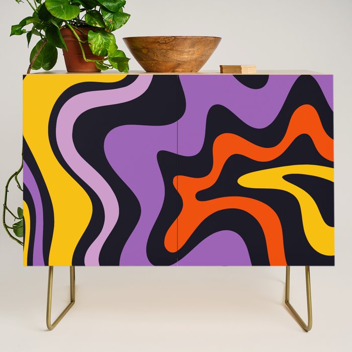 Retro Liquid Swirl Abstract Pattern in Trippy Black Purple Orange Yellow Credenza Gallery Image 1