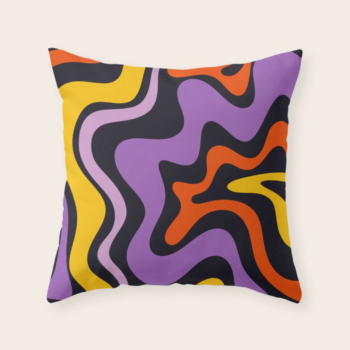 Retro Liquid Swirl Abstract Pattern in Trippy Black Purple Orange Yellow Throw Pillow Gallery Image 6