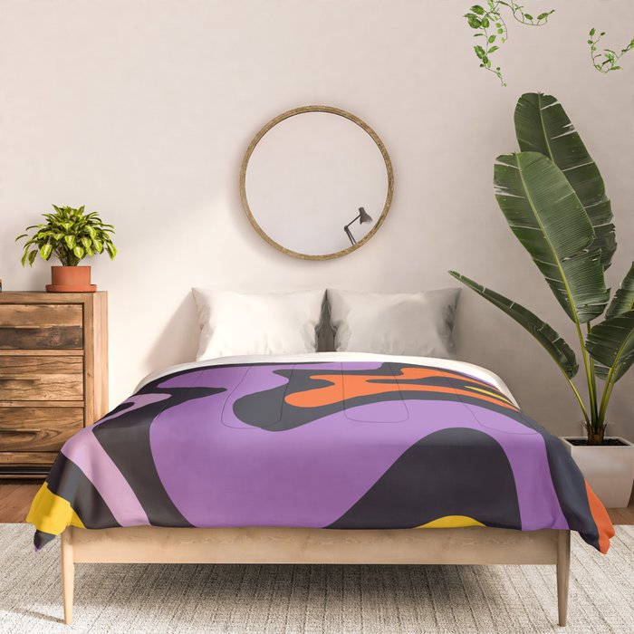 Retro Liquid Swirl Abstract Pattern in Trippy Black Purple Orange Yellow Comforter Gallery Image 3