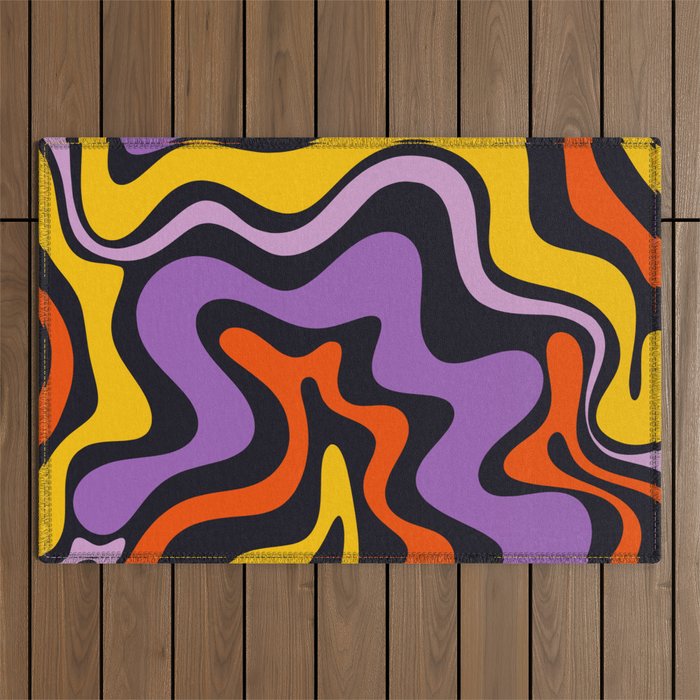Retro Liquid Swirl Abstract Pattern in Trippy Black Purple Orange Yellow Outdoor Rug Gallery Image 1