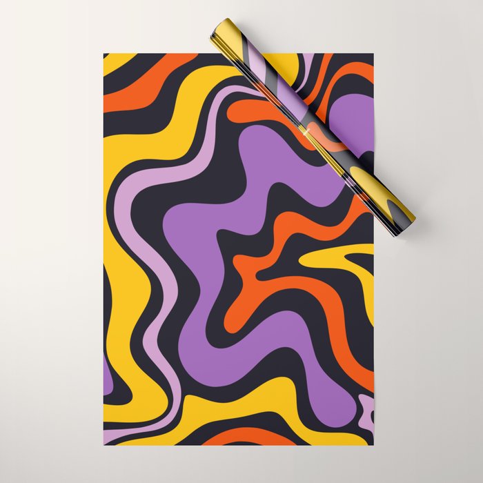 Retro Liquid Swirl Abstract Pattern in Trippy Black Purple Orange Yellow Wrapping Paper Gallery Image 1