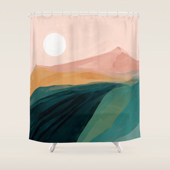 pink, green, gold moon watercolor mountains Shower Curtain Gallery Image 1
