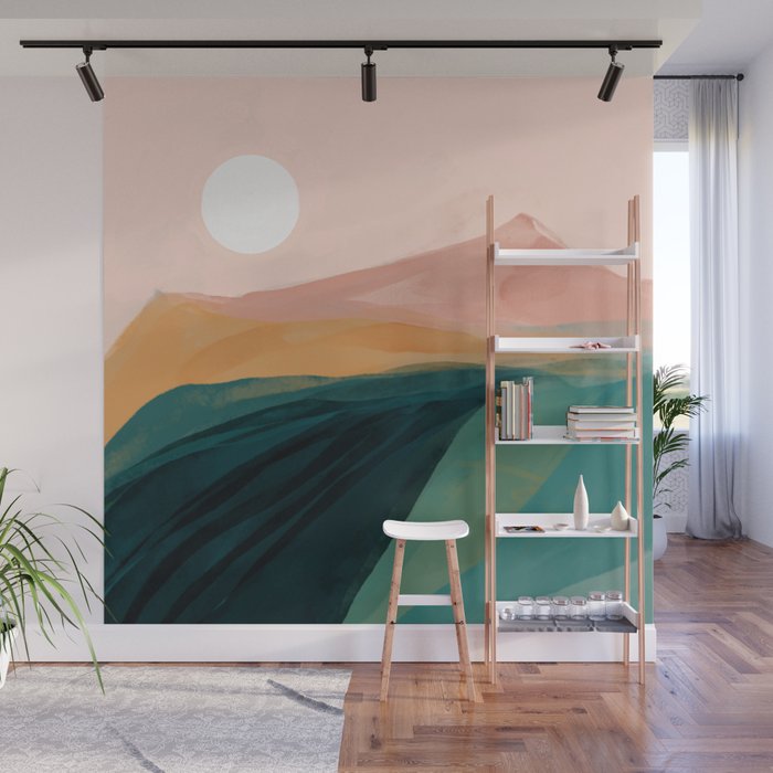 pink, green, gold moon watercolor mountains Wall Mural Gallery Image 1
