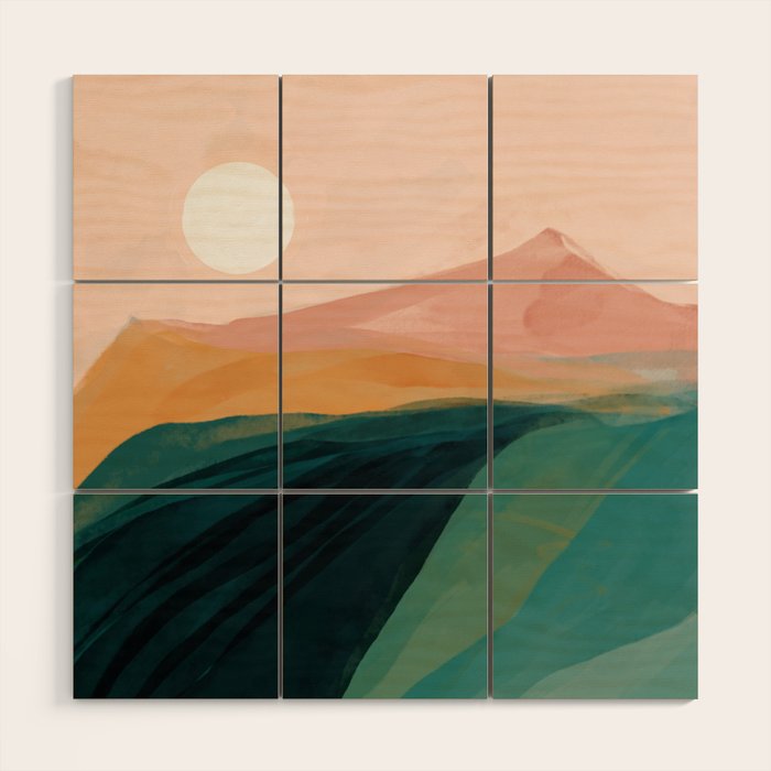 pink, green, gold moon watercolor mountains Wood Wall Art Gallery Image 1