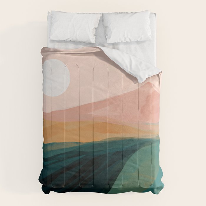 pink, green, gold moon watercolor mountains Comforter Gallery Image 1
