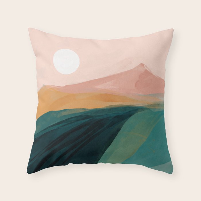 pink, green, gold moon watercolor mountains Throw Pillow Gallery Image 6