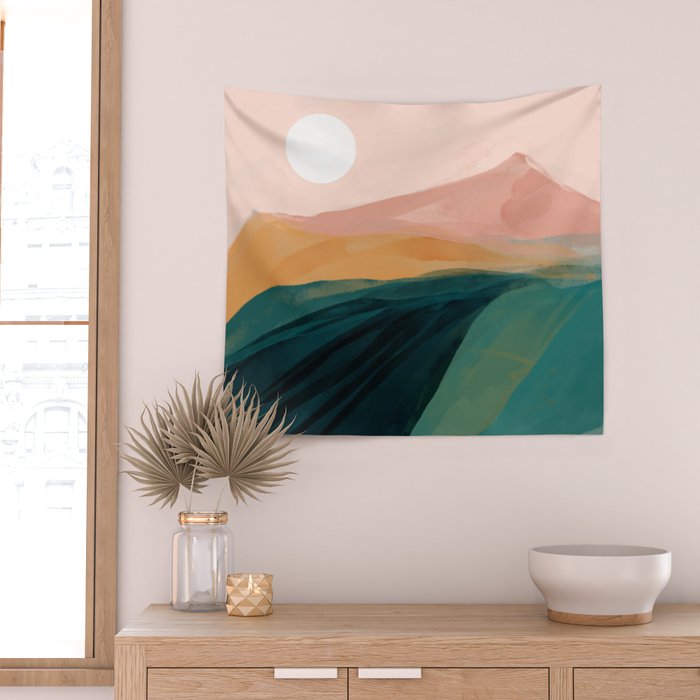 pink, green, gold moon watercolor mountains Wall Tapestry Gallery Image 2