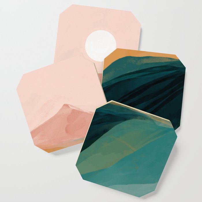 pink, green, gold moon watercolor mountains Coaster Gallery Image 1