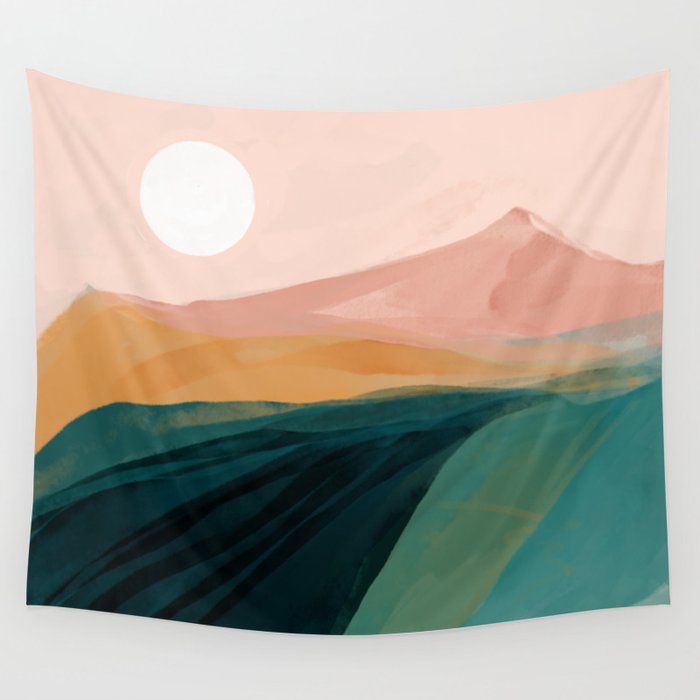 pink, green, gold moon watercolor mountains Wall Tapestry Gallery Image 4