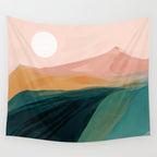 pink, green, gold moon watercolor mountains Wall Tapestry Gallery Image 4