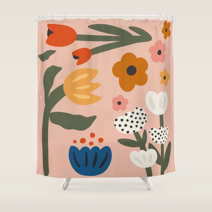 Flower Market Honolulu, Playful Naif Floral Print Shower Curtain Gallery Image 1