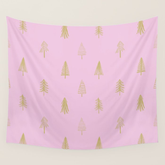 Pink pine tree doodle art pattern Wall Tapestry Gallery Image 1