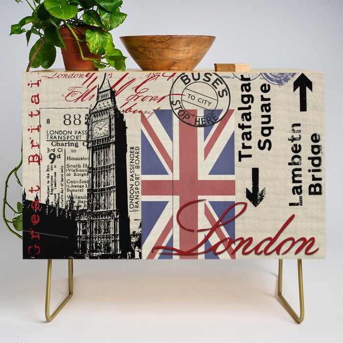 London Great Britain Big Ben Flag Collage Credenza Gallery Image 1