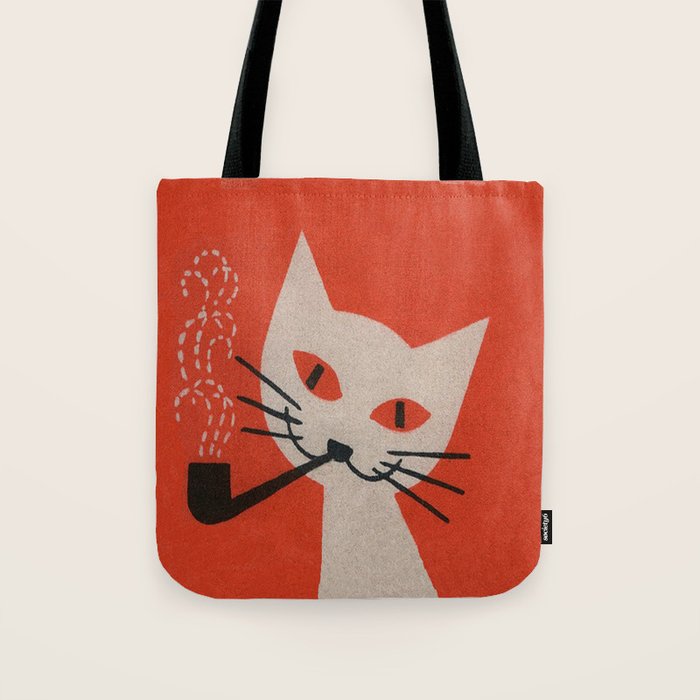 Retro White Cat Smoking a Pipe Tote Bag Gallery Image 1