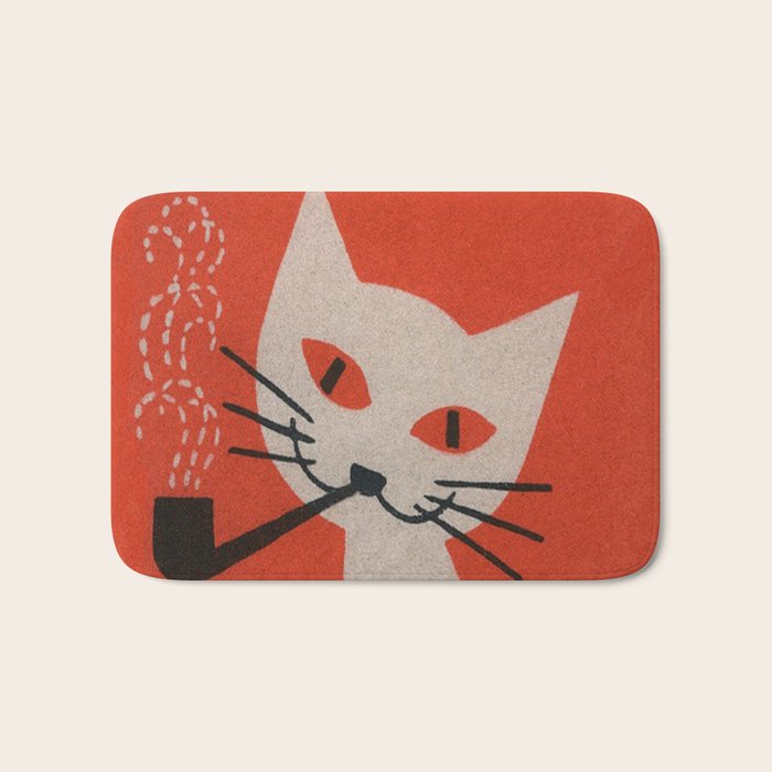 Retro White Cat Smoking a Pipe Bath Mat Gallery Image 1