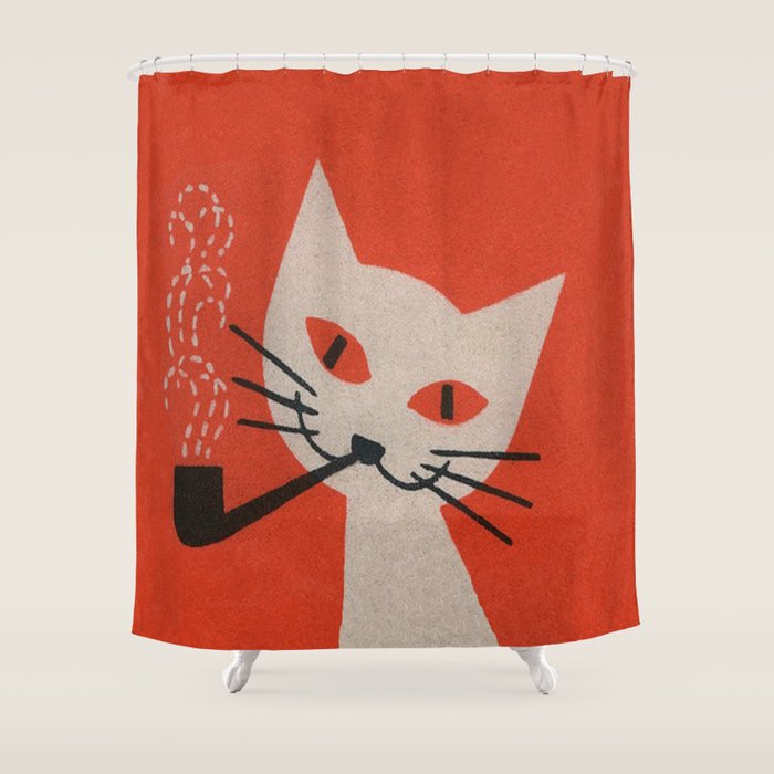 Retro White Cat Smoking a Pipe Shower Curtain Gallery Image 1
