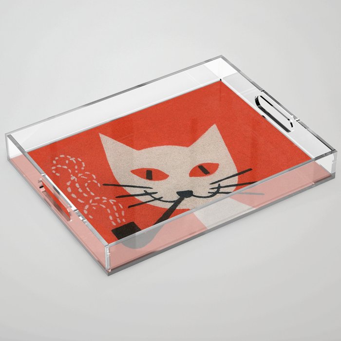 Retro White Cat Smoking a Pipe Acrylic Tray Gallery Image 1