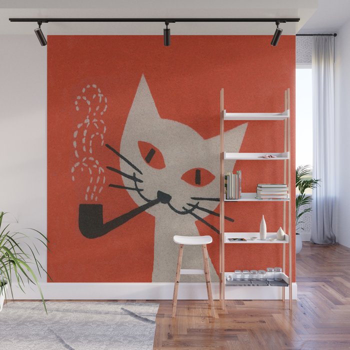 Retro White Cat Smoking a Pipe Wall Mural Gallery Image 1