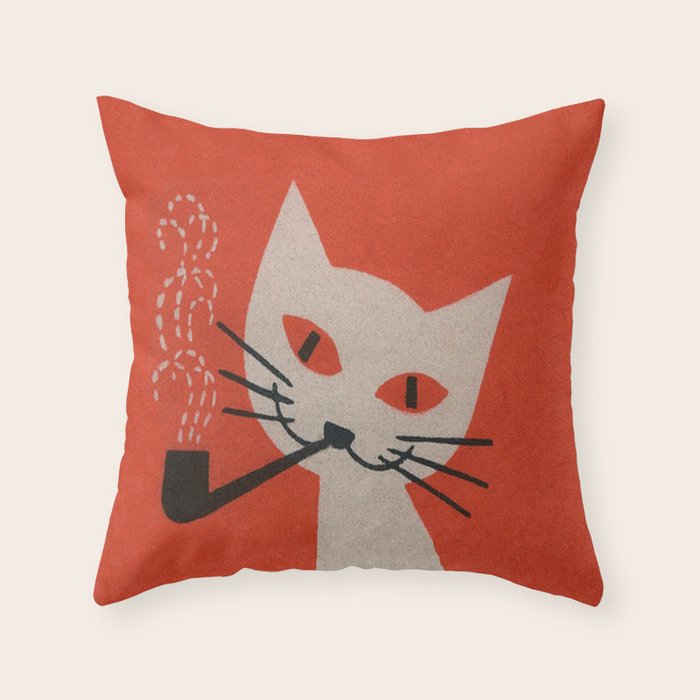 Retro White Cat Smoking a Pipe Throw Pillow Gallery Image 6