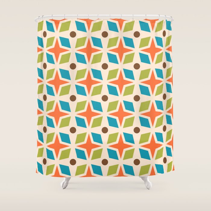 Mid Century Modern Abstract Star Dot Pattern 441 Orange Brown Turquoise Chartreuse Shower Curtain Gallery Image 1