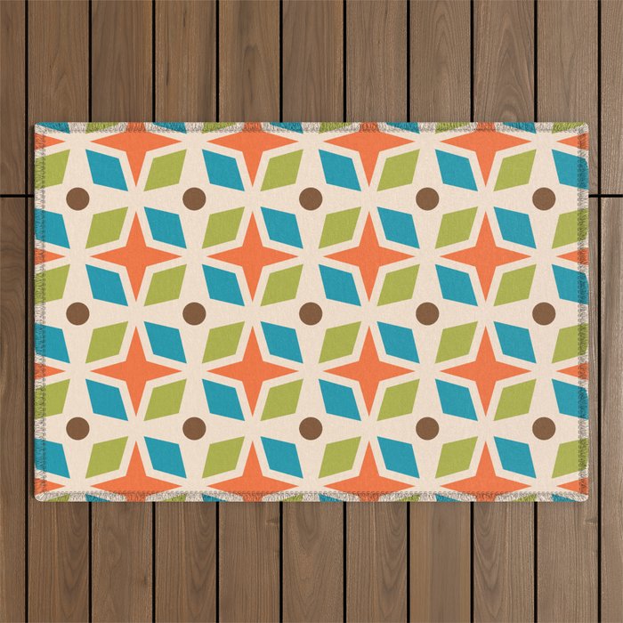 Mid Century Modern Abstract Star Dot Pattern 441 Orange Brown Turquoise Chartreuse Outdoor Rug Gallery Image 1